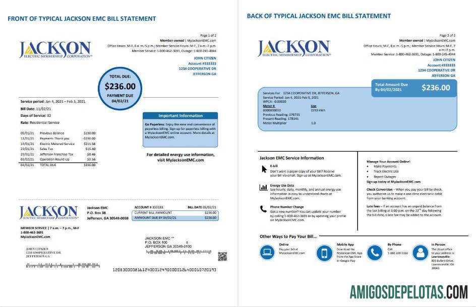Para baixar modelo de conta de serviços públicos Georgia JACKSON EMC dos EUA em formato Word e PDF (2 páginas)